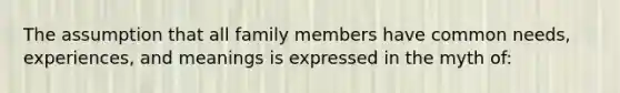 The assumption that all family members have common needs, experiences, and meanings is expressed in the myth of: