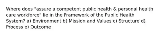 Where does "assure a competent public health & personal health care workforce" lie in the Framework of the Public Health System? a) Environment b) Mission and Values c) Structure d) Process e) Outcome