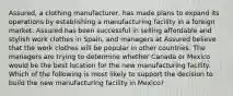 Assured, a clothing manufacturer, has made plans to expand its operations by establishing a manufacturing facility in a foreign market. Assured has been successful in selling affordable and stylish work clothes in Spain, and managers at Assured believe that the work clothes will be popular in other countries. The managers are trying to determine whether Canada or Mexico would be the best location for the new manufacturing facility. Which of the following is most likely to support the decision to build the new manufacturing facility in Mexico?