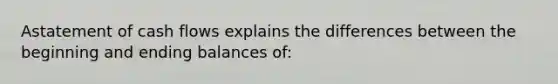 Astatement of cash flows explains the differences between the beginning and ending balances of: