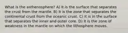 What is the asthenosphere? A) It is the surface that separates the crust from the mantle. B) It is the zone that separates the continental crust from the oceanic crust. C) It is in the surface that separates the inner and outer core. D) It is the zone of weakness in the mantle on which the lithosphere moves.