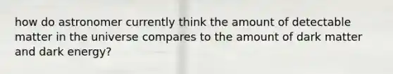 how do astronomer currently think the amount of detectable matter in the universe compares to the amount of dark matter and dark energy?