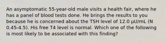 An asymptomatic 55-year-old male visits a health fair, where he has a panel of blood tests done. He brings the results to you because he is concerned about the TSH level of 12.0 µU/mL (N 0.45-4.5). His free T4 level is normal. Which one of the following is most likely to be associated with this finding?