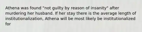 Athena was found "not guilty by reason of insanity" after murdering her husband. If her stay there is the average length of institutionalization, Athena will be most likely be institutionalized for