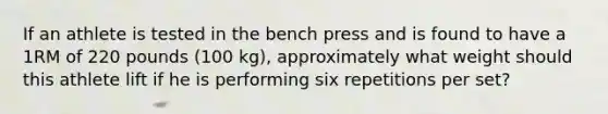 If an athlete is tested in the bench press and is found to have a 1RM of 220 pounds (100 kg), approximately what weight should this athlete lift if he is performing six repetitions per set?