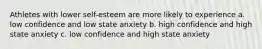 Athletes with lower self-esteem are more likely to experience a. low confidence and low state anxiety b. high confidence and high state anxiety c. low confidence and high state anxiety