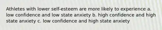 Athletes with lower self-esteem are more likely to experience a. low confidence and low state anxiety b. high confidence and high state anxiety c. low confidence and high state anxiety