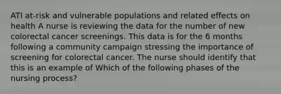 ATI at-risk and vulnerable populations and related effects on health A nurse is reviewing the data for the number of new colorectal cancer screenings. This data is for the 6 months following a community campaign stressing the importance of screening for colorectal cancer. The nurse should identify that this is an example of Which of the following phases of the nursing process?