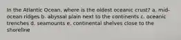 In the Atlantic Ocean, where is the oldest oceanic crust? a. mid-ocean ridges b. abyssal plain next to the continents c. oceanic trenches d. seamounts e. continental shelves close to the shoreline