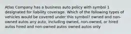 Atlas Company has a business auto policy with symbol 1 designated for liability coverage. Which of the following types of vehicles would be covered under this symbol? owned and non-owned autos any auto, including owned, non-owned, or hired autos hired and non-owned autos owned autos only