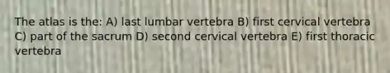 The atlas is the: A) last lumbar vertebra B) first cervical vertebra C) part of the sacrum D) second cervical vertebra E) first thoracic vertebra