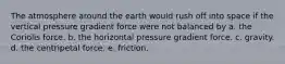 The atmosphere around the earth would rush off into space if the vertical pressure gradient force were not balanced by a. the Coriolis force. b. the horizontal pressure gradient force. c. gravity. d. the centripetal force. e. friction.