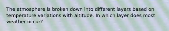 The atmosphere is broken down into different layers based on temperature variations with altitude. In which layer does most weather occur?