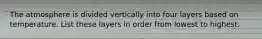 The atmosphere is divided vertically into four layers based on temperature. List these layers in order from lowest to highest.
