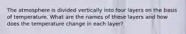 The atmosphere is divided vertically into four layers on the basis of temperature. What are the names of these layers and how does the temperature change in each layer?