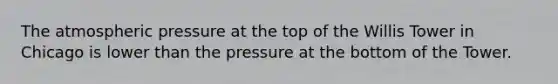 The atmospheric pressure at the top of the Willis Tower in Chicago is lower than the pressure at the bottom of the Tower.