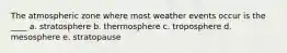 The atmospheric zone where most weather events occur is the ____ a. stratosphere b. thermosphere c. troposphere d. mesosphere e. stratopause