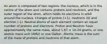 An atom is composed of two regions: the nucleus, which is in the centre of the atom and contains protons and neutrons, and the outer region of the atom, which holds its electrons in orbit around the nucleus. Charges of proton (+1), neutrons (0) and electron (-1). Neutral atoms of each element contain an equal number of protons and electrons. Proton and Neutron have approximately the same mass, about 1.67 × 10-24 grams, or one atomic mass unit (AMU) or one Dalton. Atomic mass is the sum of the mass of protons and neutrons of that atom.