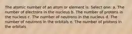 The atomic number of an atom or element is: Select one: a. The number of electrons in the nucleus b. The number of protons in the nucleus c. The number of neutrons in the nucleus d. The number of neutrons in the orbitals e. The number of protons in the orbitals