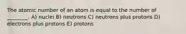 The atomic number of an atom is equal to the number of ________. A) nuclei B) neutrons C) neutrons plus protons D) electrons plus protons E) protons