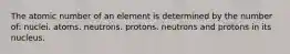 The atomic number of an element is determined by the number of: nuclei. atoms. neutrons. protons. neutrons and protons in its nucleus.