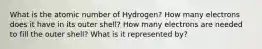 What is the atomic number of Hydrogen? How many electrons does it have in its outer shell? How many electrons are needed to fill the outer shell? What is it represented by?