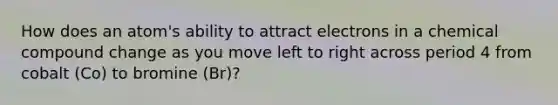 How does an atom's ability to attract electrons in a chemical compound change as you move left to right across period 4 from cobalt (Co) to bromine (Br)?