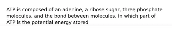 ATP is composed of an adenine, a ribose sugar, three phosphate molecules, and the bond between molecules. In which part of ATP is the potential energy stored