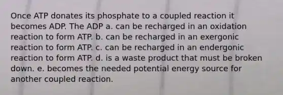 Once ATP donates its phosphate to a coupled reaction it becomes ADP. The ADP a. can be recharged in an oxidation reaction to form ATP. b. can be recharged in an exergonic reaction to form ATP. c. can be recharged in an endergonic reaction to form ATP. d. is a waste product that must be broken down. e. becomes the needed potential energy source for another coupled reaction.