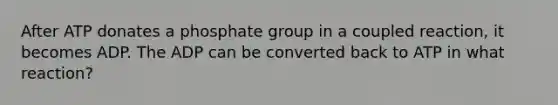 After ATP donates a phosphate group in a coupled reaction, it becomes ADP. The ADP can be converted back to ATP in what reaction?