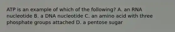 ATP is an example of which of the following? A. an RNA nucleotide B. a DNA nucleotide C. an amino acid with three phosphate groups attached D. a pentose sugar