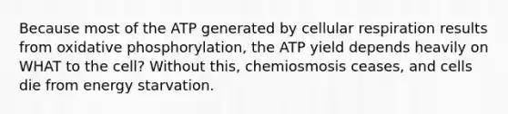 Because most of the ATP generated by cellular respiration results from oxidative phosphorylation, the ATP yield depends heavily on WHAT to the cell? Without this, chemiosmosis ceases, and cells die from energy starvation.