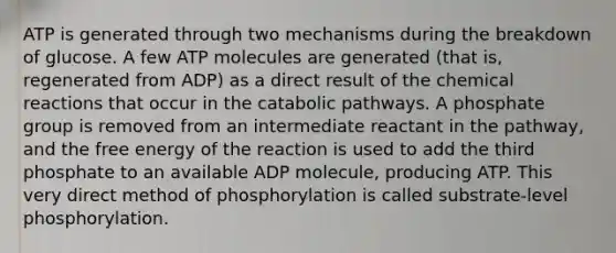 ATP is generated through two mechanisms during the breakdown of glucose. A few ATP molecules are generated (that is, regenerated from ADP) as a direct result of the <a href='https://www.questionai.com/knowledge/kc6NTom4Ep-chemical-reactions' class='anchor-knowledge'>chemical reactions</a> that occur in the catabolic pathways. A phosphate group is removed from an intermediate reactant in the pathway, and the free energy of the reaction is used to add the third phosphate to an available ADP molecule, producing ATP. This very direct method of phosphorylation is called substrate-level phosphorylation.