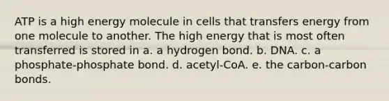 ATP is a high energy molecule in cells that transfers energy from one molecule to another. The high energy that is most often transferred is stored in a. a hydrogen bond. b. DNA. c. a phosphate-phosphate bond. d. acetyl-CoA. e. the carbon-carbon bonds.