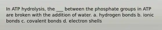 In ATP hydrolysis, the ___ between the phosphate groups in ATP are broken with the addition of water. a. hydrogen bonds b. ionic bonds c. covalent bonds d. electron shells