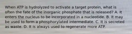 When ATP is hydrolyzed to activate a target protein, what is often the fate of the inorganic phosphate that is released? A. It enters the nucleus to be incorporated in a nucleotide. B. It may be used to form a phosphorylated intermediate. C. It is secreted as waste. D. It is always used to regenerate more ATP.