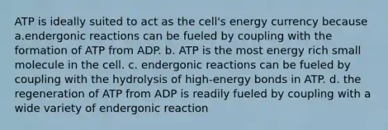 ATP is ideally suited to act as the cell's energy currency because a.endergonic reactions can be fueled by coupling with the formation of ATP from ADP. b. ATP is the most energy rich small molecule in the cell. c. endergonic reactions can be fueled by coupling with the hydrolysis of high-energy bonds in ATP. d. the regeneration of ATP from ADP is readily fueled by coupling with a wide variety of endergonic reaction