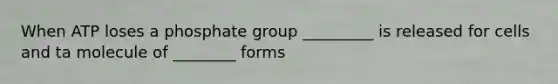 When ATP loses a phosphate group _________ is released for cells and ta molecule of ________ forms