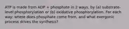 ATP is made from ADP + phosphate in 2 ways, by (a) substrate-level phosphorylation or (b) oxidative phosphorylation. For each way: where does phosphate come from, and what exergonic process drives the synthesis?