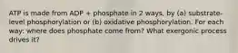 ATP is made from ADP + phosphate in 2 ways, by (a) substrate-level phosphorylation or (b) oxidative phosphorylation. For each way: where does phosphate come from? What exergonic process drives it?