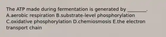 The ATP made during fermentation is generated by ________. A.aerobic respiration B.substrate-level phosphorylation C.<a href='https://www.questionai.com/knowledge/kFazUb9IwO-oxidative-phosphorylation' class='anchor-knowledge'>oxidative phosphorylation</a> D.chemiosmosis E.<a href='https://www.questionai.com/knowledge/k57oGBr0HP-the-electron-transport-chain' class='anchor-knowledge'>the electron transport chain</a>