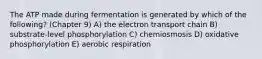 The ATP made during fermentation is generated by which of the following? (Chapter 9) A) the electron transport chain B) substrate-level phosphorylation C) chemiosmosis D) oxidative phosphorylation E) aerobic respiration