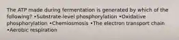 The ATP made during fermentation is generated by which of the following? •Substrate-level phosphorylation •Oxidative phosphorylation •Chemiosmosis •The electron transport chain •Aerobic respiration