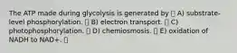 The ATP made during glycolysis is generated by A) substrate-level phosphorylation. B) electron transport. C) photophosphorylation. D) chemiosmosis. E) oxidation of NADH to NAD+.