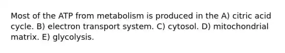 Most of the ATP from metabolism is produced in the A) citric acid cycle. B) electron transport system. C) cytosol. D) mitochondrial matrix. E) glycolysis.