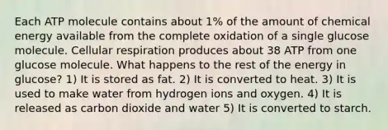 Each ATP molecule contains about 1% of the amount of chemical energy available from the complete oxidation of a single glucose molecule. Cellular respiration produces about 38 ATP from one glucose molecule. What happens to the rest of the energy in glucose? 1) It is stored as fat. 2) It is converted to heat. 3) It is used to make water from hydrogen ions and oxygen. 4) It is released as carbon dioxide and water 5) It is converted to starch.