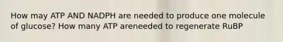 How may ATP AND NADPH are needed to produce one molecule of glucose? How many ATP areneeded to regenerate RuBP
