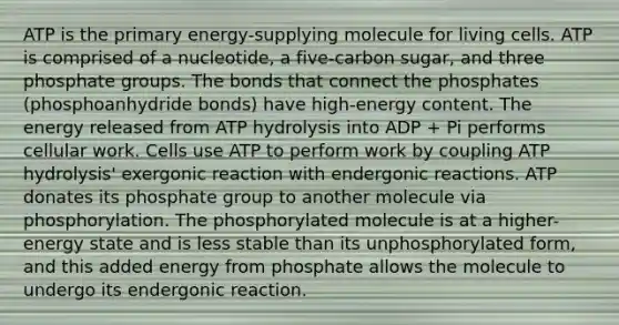 ATP is the primary energy-supplying molecule for living cells. ATP is comprised of a nucleotide, a five-carbon sugar, and three phosphate groups. The bonds that connect the phosphates (phosphoanhydride bonds) have high-energy content. The energy released from ATP hydrolysis into ADP + Pi performs cellular work. Cells use ATP to perform work by coupling ATP hydrolysis' exergonic reaction with endergonic reactions. ATP donates its phosphate group to another molecule via phosphorylation. The phosphorylated molecule is at a higher-energy state and is less stable than its unphosphorylated form, and this added energy from phosphate allows the molecule to undergo its endergonic reaction.