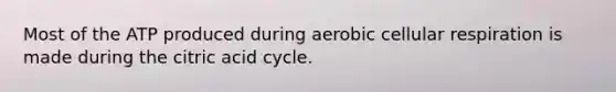 Most of the ATP produced during aerobic cellular respiration is made during the citric acid cycle.