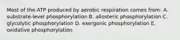 Most of the ATP produced by aerobic respiration comes from: A. substrate-level phosphorylation B. allosteric phosphorylation C. glycolytic phosphorylation D. exergonic phosphorylation E. oxidative phosphorylation